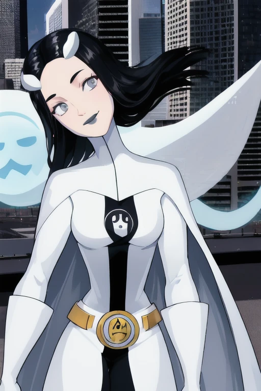 Phantom girl, solo, girl1, long black hair, bodysuit. grey eyes, smile, white hair ornament, ghost logo, grey lips, sanpaku, belt, white cape, white gloves, best quality, masterpiece, cowboy shot, city, park