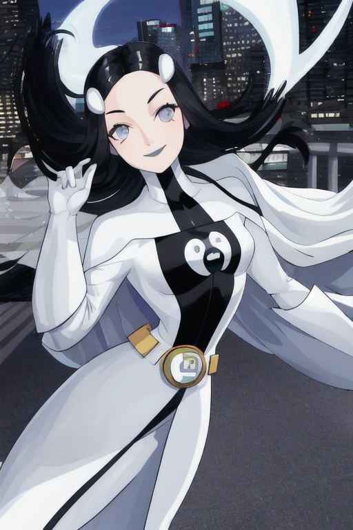 Phantom girl, solo, girl1, long black hair, bodysuit. grey eyes, smile, white hair ornament, ghost logo, grey lips, sanpaku, belt, white cape, white gloves, best quality, masterpiece, cowboy shot, city, park