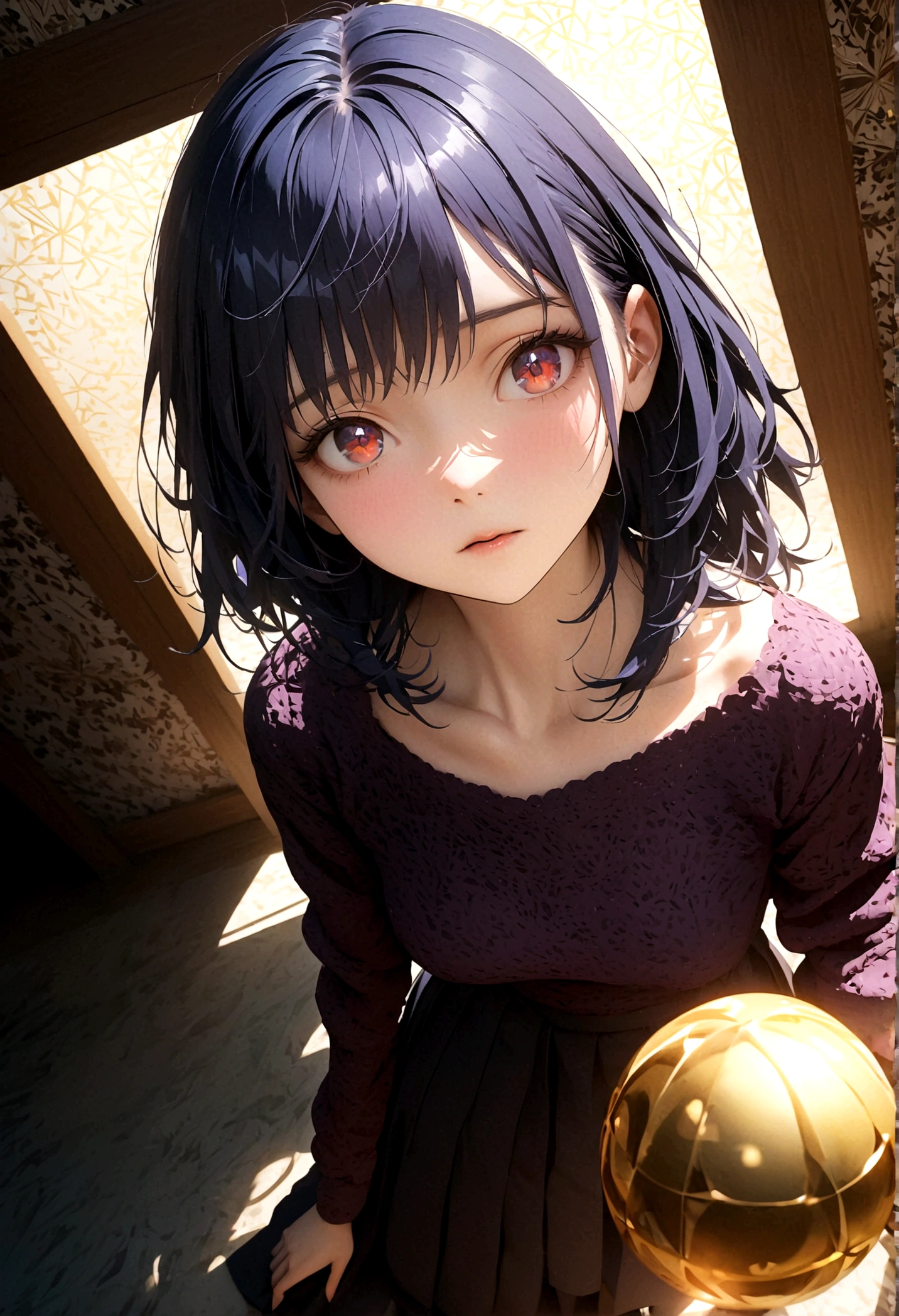 (woman\(Magical girl, Purple long skirt, Long flowing blue hair, Red pupils, Pale skin, Shy face,Shy-eyed\) look up to the sky), (Many golden magic balls are floating in the air),night,The sky is clear,With a little penetrating moonlight, rest ,quality\(8K,Extremely detailed CG unit wallpaper, masterpiece,high resolution,top-quality,top-quality real texture skin,Surrealism,提high resolution,original photo,Best quality,Very detailed,wallpaper,light,Ray Tracing,Golden Ratio\),(Long Shot),Wide-angle lens,