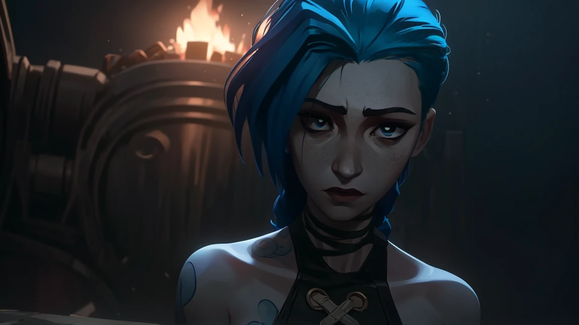 (masterpiece, Best quality), 1 girl, crying, portrait, very sexy, full length (full body 1.1.), очень feminine, Bare breasts, Beautiful waist, gloomy composition, flame, fire, Flash, very beautiful, feminine, long hair, hair braided in long braids, very sexy, emphasis on the eyes, face accent, Beautiful face, Hands, Hair, Haired ponytail, tie ,red purple eyes, Джинкс crying, Blue cloud tattoo, (masterpiece, Best quality), Side lighting, beautiful detailed eyes, crazy face), (Best quality), (masterpiece), magic photography, Spectacular lighting, Photorealism, ultra detailed, интимная portraitная композиция, 1. 4,8 k UHD, aesthetic, Cd., A high resolution, 8 k, better lighting, Best shade, Ultra-HD, A high resolution, sharp focus, Complex background, Cinematic lighting, ((Landscape view)), 4K block, (better lighting), ((Cinematic lighting)),
