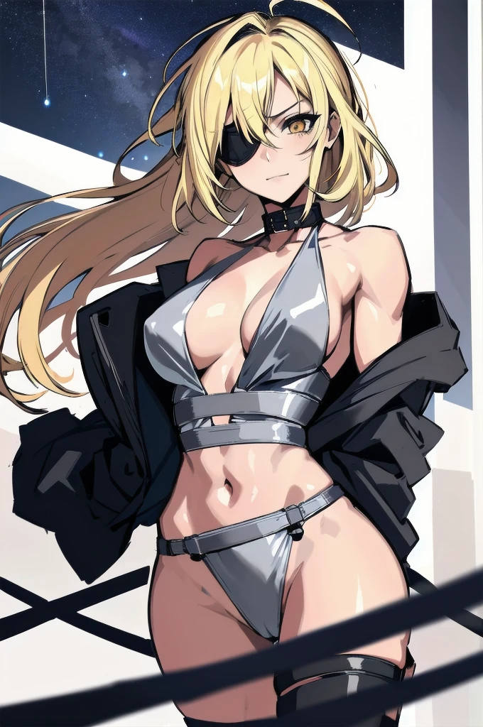 (absurdres, 8k, 4k, masterpiece, hyper extreme detailed:1.2), (masterpiece), best quality, expressive eyes, highres, perfect eyes, 1girl, perfect face, perfect hands, standing, belt, 1girl, blonde hair, eyepatch, perfect ???????, eyepatch, long hair, platinum blonde hair, muscular, toned body, strong, empty eyes, blank stare, crazy face, crazy eyes, crazy smile, small, golden eyes, deadpan, expressionless, shaded face, messy hair, crazy hair, city background, heroic, half body, cowboy shot, night time, stars, night sky, wind, windy, ?????, adult, mature, no clothing, cleavage, midriff, exposed shoulders, ??????, exposed collarbone, ????, handcuffs, bondage, ????, bound, ????, tape gag, tape, tape bondage, restrained, tape wrapped, wrap gag, bondage, taped wrists, taped ???????, taped mouth
