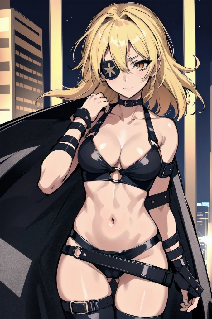 (absurdres, 8k, 4k, masterpiece, hyper extreme detailed:1.2), (masterpiece), best quality, expressive eyes, highres, perfect eyes, 1girl, perfect face, perfect hands, standing, belt, 1girl, blonde hair, eyepatch, perfect anatomy, eyepatch, long hair, platinum blonde hair, muscular, toned body, strong, empty eyes, blank stare, crazy face, crazy eyes, crazy smile, small, golden eyes, deadpan, expressionless, shaded face, messy hair, crazy hair, city background, heroic, half body, cowboy shot, night time, stars, night sky, wind, windy, naked, adult, mature, no clothing, cleavage, midriff, exposed shoulders, crotch, exposed collarbone, nsfw, handcuffs, bondage, bdsm, bound, bdsm, tape gag, tape, tape bondage, restrained, tape wrapped, wrap gag, bondage, taped wrists, taped breasts, taped mouth