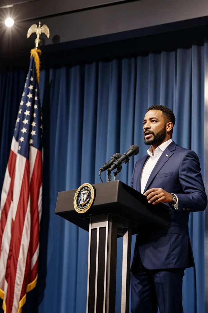 Man on stage taking speech