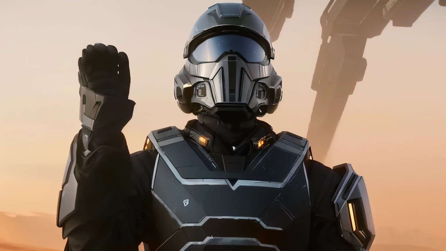 solier with a helmet and a raised hand,  from starship troopers, with futuristic gear and helmet, cinematic screen capture, 8 k octane render, octane highly detailed cinematic, clothed in sci-fi military armor