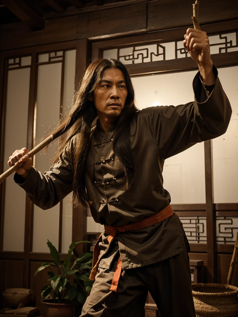 Old long haired ancient chinese kungfu master with stick in hand in animated style