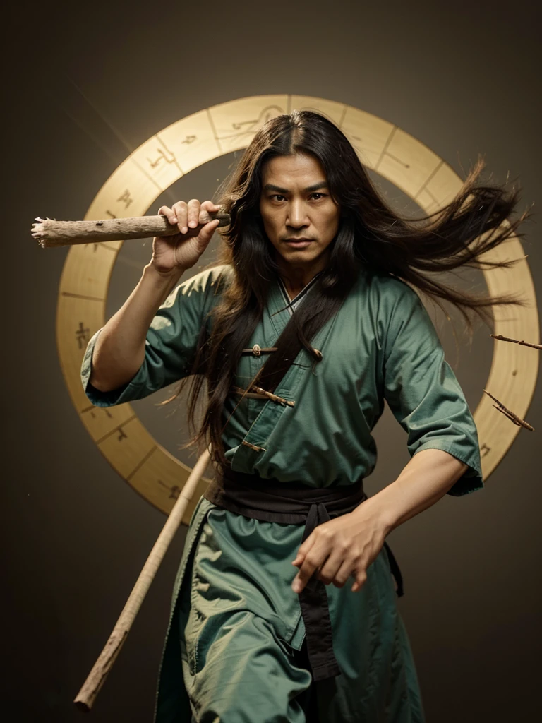 Old long haired ancient chinese kungfu master with stick in hand in animated style