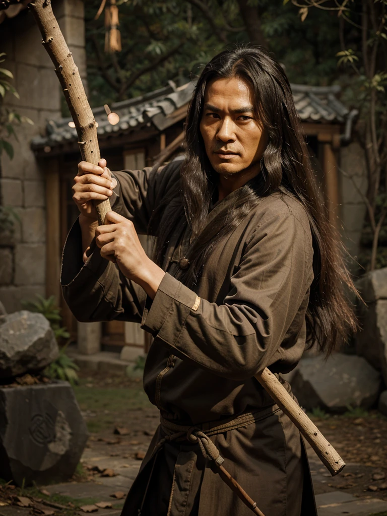 Old long haired ancient chinese kungfu master with stick in hand in animated style