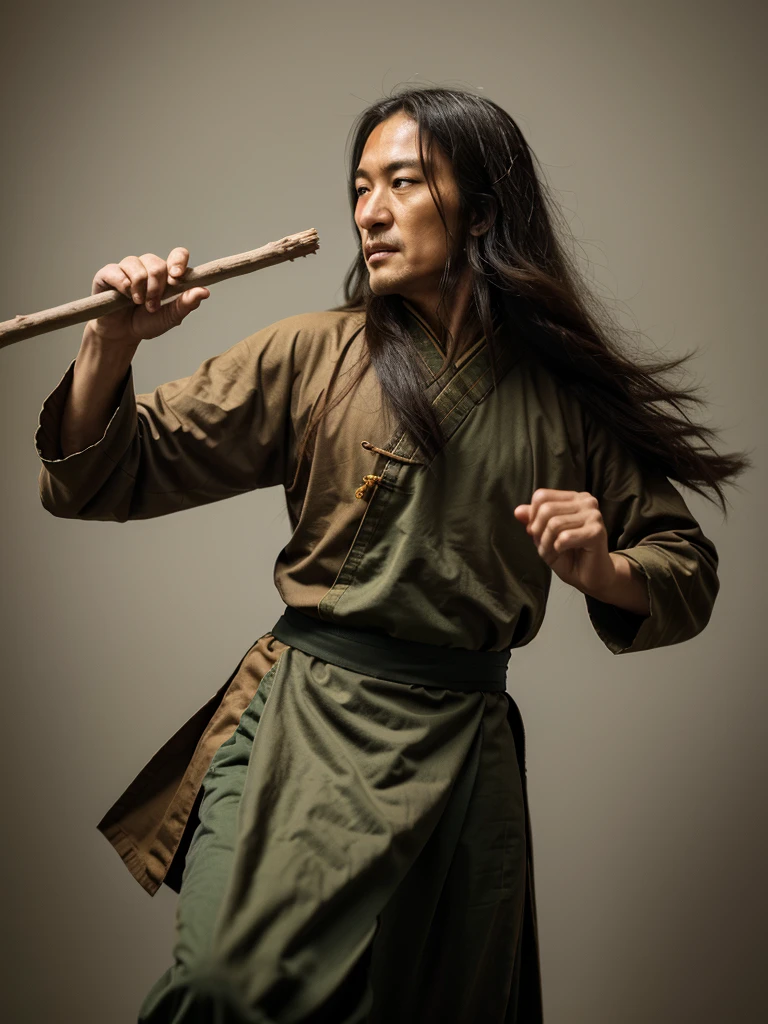 Old long haired ancient chinese kungfu master with stick in hand in animated style