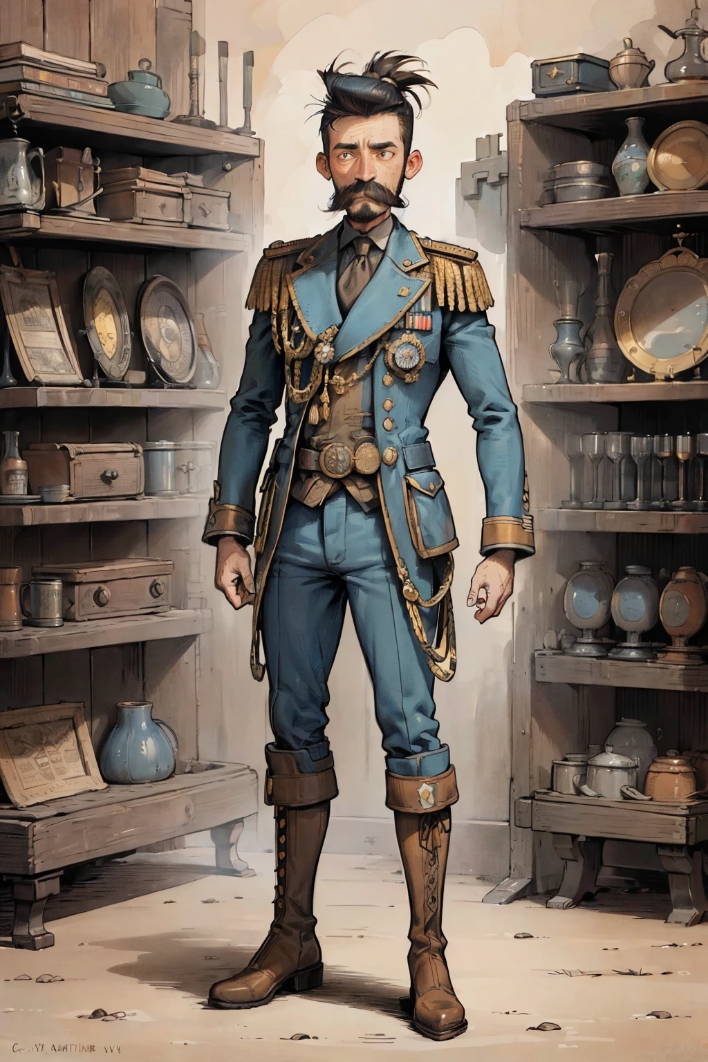  (ultra detailed,ultra high res,detailed background),((2D)), 1solo, looking at viewer, old fashioned military blues, many medals on his chest, large thick black mustache, side-parted pompadour hair, 1700's European military outfit, (big boots), high collar, full body image, standing on an a steampunk ship,