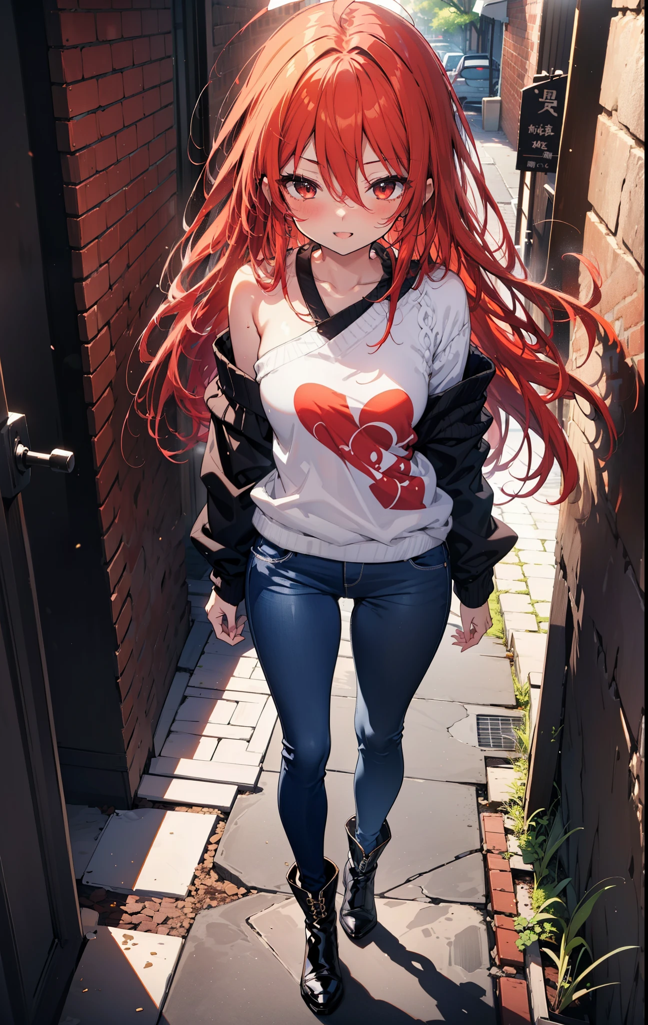 Shana,shakugan no shana,Long Hair, Red Hair, Red eyes,Ahoge,happy smile, smile, Open your mouth,One-shoulder sweater,Skinny jeans,short boots,Daytime,Clear skies,Walking,whole bodyがイラストに入るように, break outdoors, Building district, break looking at viewer, whole body, break (masterpiece:1.2), Highest quality, High resolution, unity 8k wallpaper, (shape:0.8), (Beautiful attention to detail:1.6), Highly detailed face, Perfect lighting, Extremely detailed CG, (Perfect hands, Perfect Anatomy),