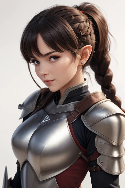 (masterpiece, best quality:1.2),  shadowheart, 1girl, solo, looking at viewer, breasts, armor, shoulder armor, pointy ears, braid, breastplate, bangs, pauldrons, ponytail, hair ornament, scar, white background, simple background,