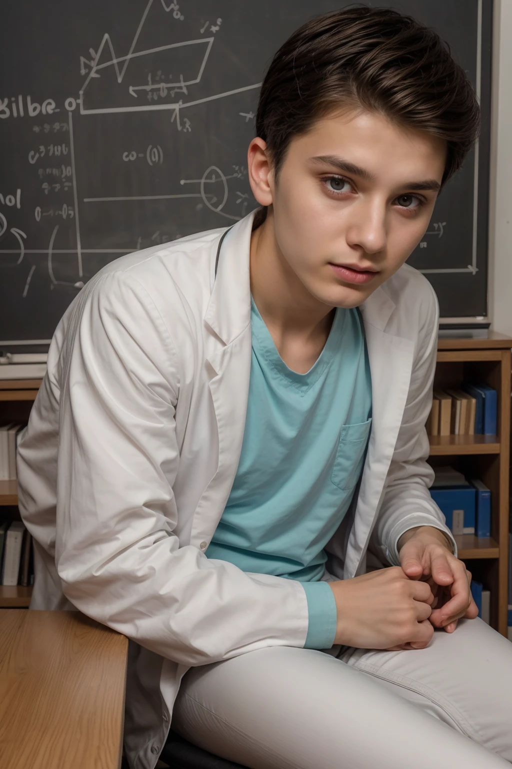 A young male twink, cute, beautiful, feminine, with a beautiful face with make-up and black hair, and his eyes have dark circles under them, and he is wearing a long-sleeved aquamarine shirt and white jeans. He is in the Faculty of Medicine, studying on the blackboard with a manuscript on it, anatomy of the brain, and he is sitting in his scientific office with a manuscript on it.  Calculus as he looks on proudly