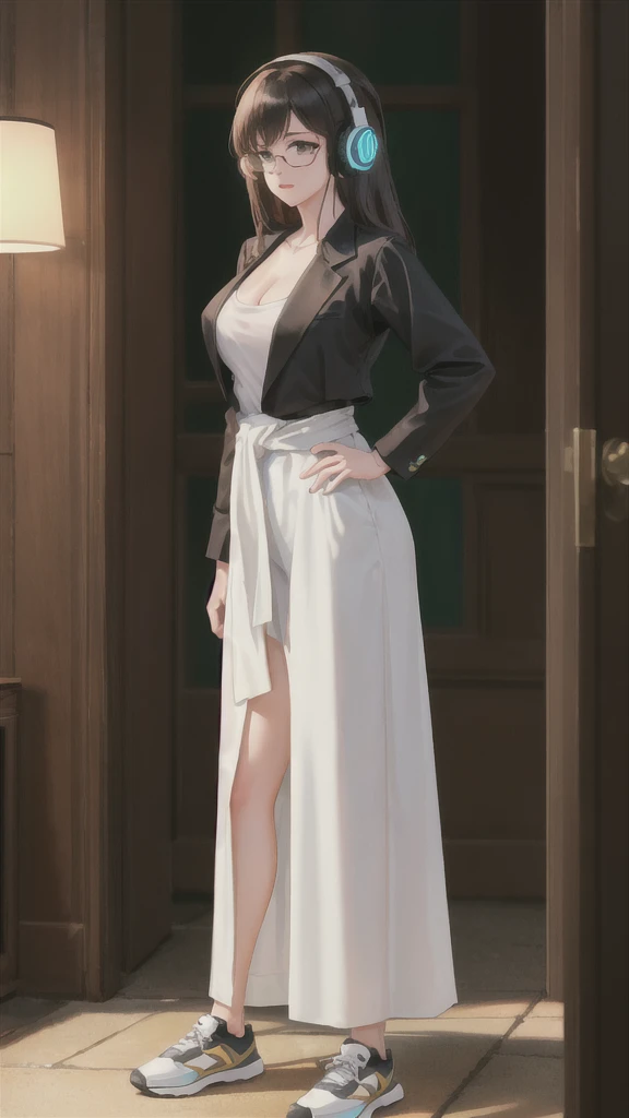 whole body, entire body, full body, total body, standing, upright stance, erect posture, athletic shoes, with waist, light solid color background, 20-years-old beautiful female, black rim glasses, wearing white headphones, black hair, date clothes,  Midsummer formal attire, civilian clothes, intellectual atmosphere, knowledge, scholarship, enthusiasm, front of whole body, immersion, concentration, sense of accomplishment, cinematic lighting, masterpiece, top quality, 4K, academic atmosphere, (masterpiece), (best quality), ultra-high res, sharp focus