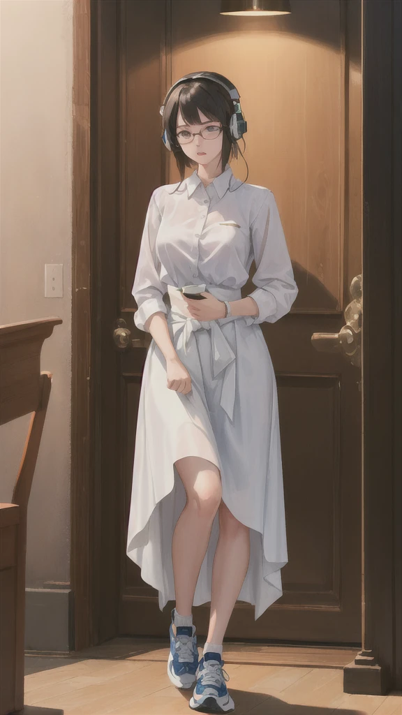 whole body, entire body, full body, total body, standing, upright stance, erect posture, athletic shoes, with waist, light solid color background, 20-years-old beautiful female, black rim glasses, wearing white headphones, black hair, date clothes, Midsummer formal attire, civilian clothes, intellectual atmosphere, knowledge, scholarship, enthusiasm, front of whole body, immersion, concentration, sense of accomplishment, cinematic lighting, masterpiece, top quality, 4K, academic atmosphere, (masterpiece), (best quality), ultra-high res, sharp focus