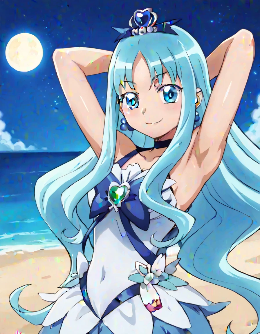 curemarine, shiny skin, high quality, solo, 1girl, night sky, beach, arms behind head, (contrapposto), closed mouth, spread armpits, (cowboy shot:1.5), looking at viewer, best quality, smile,
