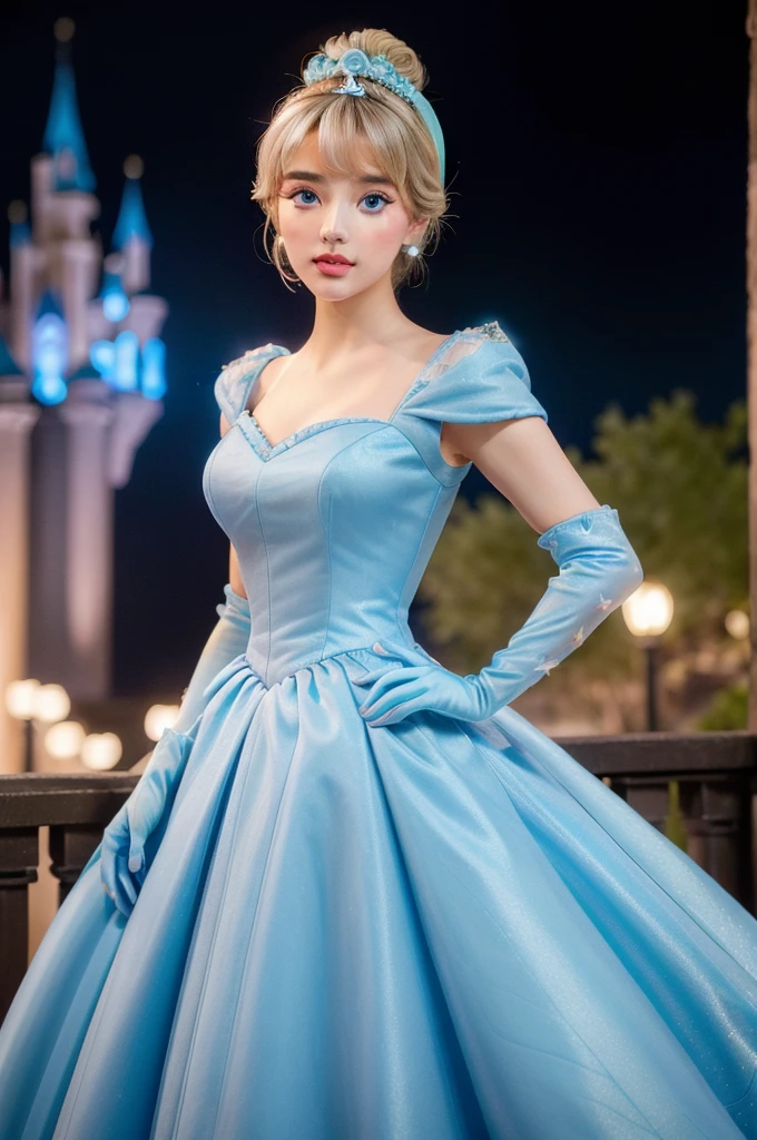 ((masterpiece:1.2), best quality, highres, ultra-detailed), solo, 1girl,
(CinderellaWaifu,princess cinderella from disney,beautiful skin,swept bangs,top knot:1.4),(18 years old,large breasts,sexy eyes,turquoise eyes,blonde hair:1.1),elegant face,(blue headband:1.3),
princess,
(1girl, solo:1.4), cowboy shot,(light blue rococo style gown:1.4), long gloves, looking at viewer, (outdoor,at night,castle,starry sky:1.2),cute pose 