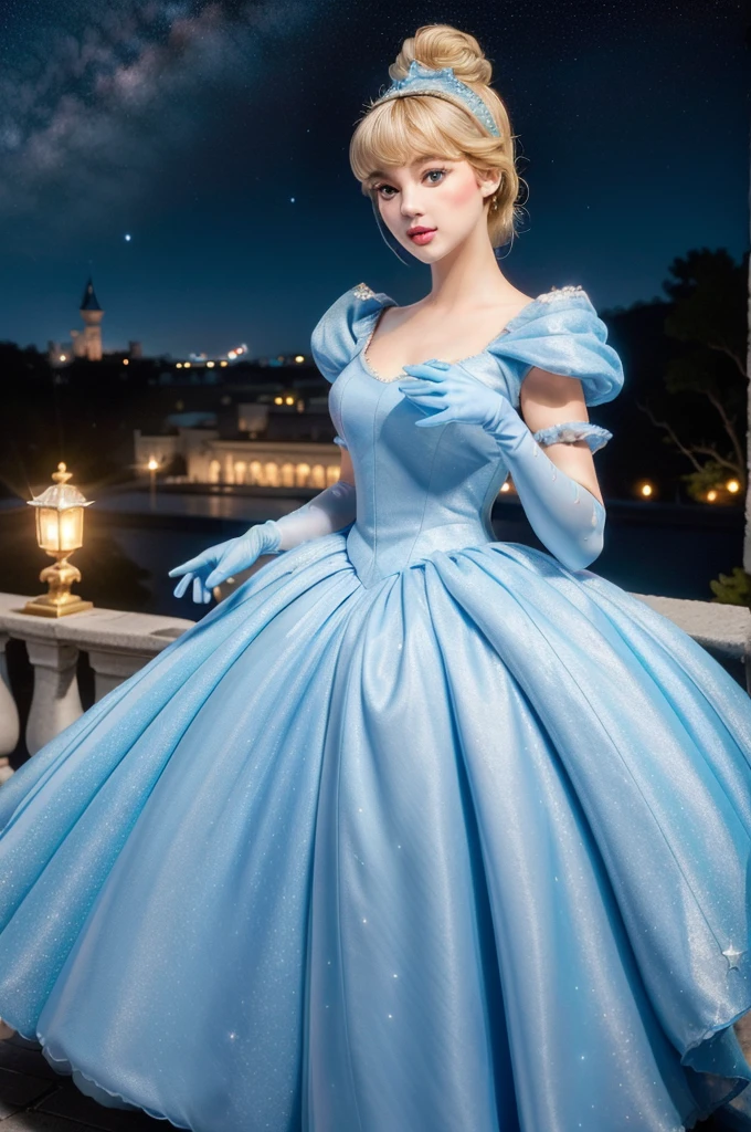 ((masterpiece:1.2), best quality, highres, ultra-detailed), solo, 1girl,
(CinderellaWaifu,princess cinderella from disney,beautiful skin,swept bangs,top knot:1.4),(18 years old,large breasts,sexy eyes,turquoise eyes,blonde hair:1.1),elegant face,(blue headband:1.3),
princess,
(1girl, solo:1.4), cowboy shot,(light blue rococo style gown:1.4), long gloves, looking at viewer, (outdoor,at night,castle,starry sky:1.2),cute pose
