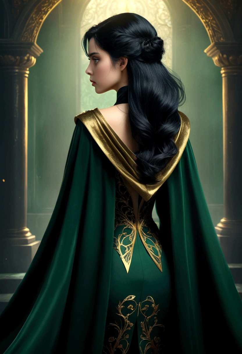 Mysterious, black hair, Dark theme, romance, novel, regal, vicious, girl with cape, only showing back, with dark gold and dark green theme, Surrealism, 8k, super detail