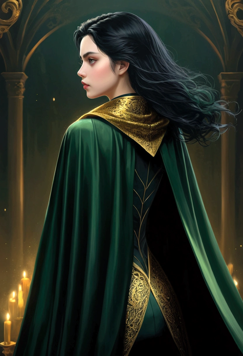 Mysterious, black hair, Dark theme, romance, novel, regal, vicious, girl with cape, only showing back, with dark gold and dark green theme, Surrealism, 8k, super detail