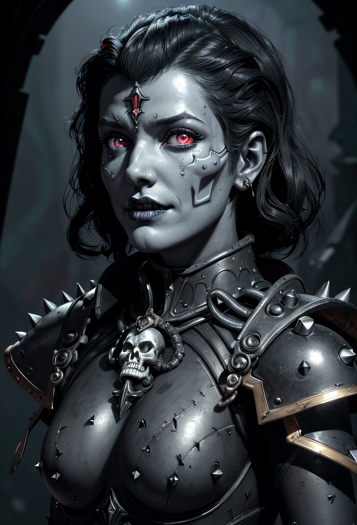 a gorgeous adepta sororitas from the movie tron, glowing skull armor, spikes, teeth, monster, dirty tentacles, pus pimples, cracked truenurgle, detailed face and eyes, beautiful lips, extremely detailed, 1girl, oil painting, concept art, dark fantasy, cinematic lighting, dramatic shadows, vibrant colors, moody atmosphere, hyper detailed, 8k, photorealistic
