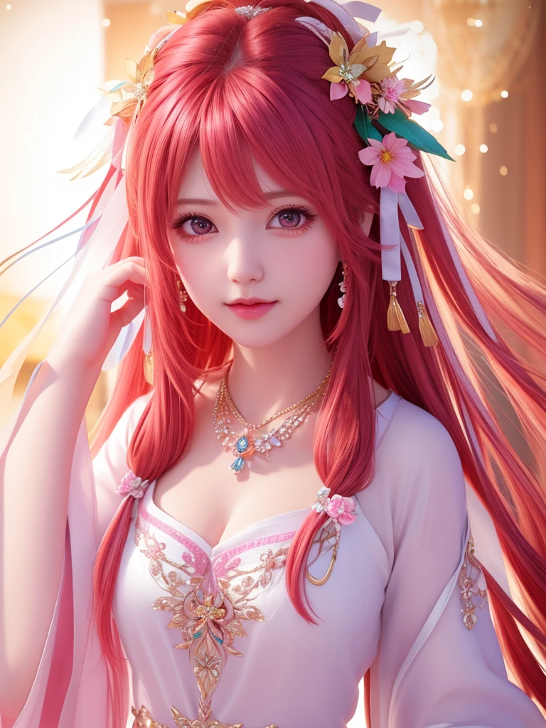 best quality, masterpiece, High target, There is a girl with a basket of flowers on her head, beautiful clothes, Hair Decorationss, necklace, Decorations, Pretty Face, When the body, Tyndall effect, Realistic Portraits, Edge lighting, Two-color light, (Very delicate skin:1.2), 8K uhd, Digital SLR Camera, Soft Light, high quality, Volumetric Lighting, Honest, photo, high resolution, 4K, 8K, Bokeh,Fuchsia hair,Orange hair tips, Pink Eyes.