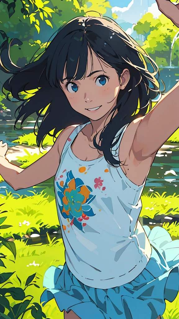reasonable design, Clear lines, High Sharpness, (highest quality,8K,Perfect sharpness,Ultra fine,High resolution,masterpiece:1.2), Perfect Anatomy:1.5, Official Art, Illustrations that tell a story, (Whitish background:0. 9)、Body Positivity、More Mr.Physical expression、(Random and mischievous poses)、Perfect beauty、Perfect beautiful face、Strong winds、A rich expression、Dynamic composition、smile、Golden ratio composition、colorful、(Mr.Different angles and perspectives)、anime art、mini skirt、(Overcoming stereotypes)、 Glowing Skin、(Natural beauty)、smile、bangs、Straight Hair、(Soft and flowing hair)、(Rural Scenery)、(Nostalgic atmosphere)、Insert up to the thighs、(Playful and carefree)、(More Mr.Ethnic characters)、(innocent attitude)、(Sunny atmosphere)、Skirt flipped up、(Bright colors)、Belly button exposed、Beautiful Eyes、A skirt fluttering in the wind、Put it in to your feet、Some composition patterns、Tank top、上からアングル、Sensual、