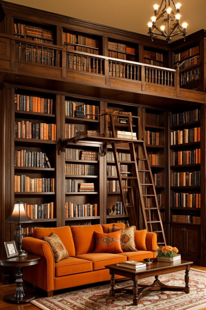 Create a cozy old library with orange undertones