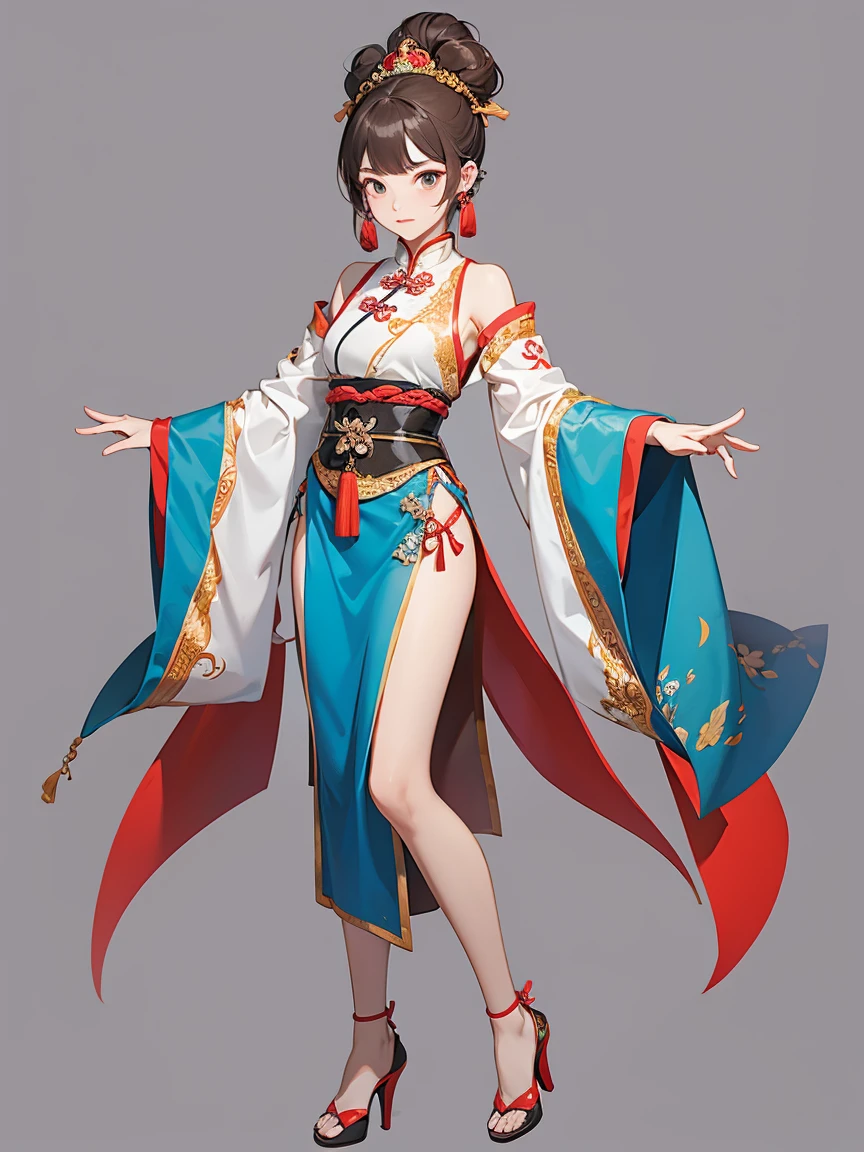 Costume,Chinese Tang Dynasty women,Standing,Show your shoulders,Show your arms,Show your legs,High heels bun hairstyle,whole body,Blank Background