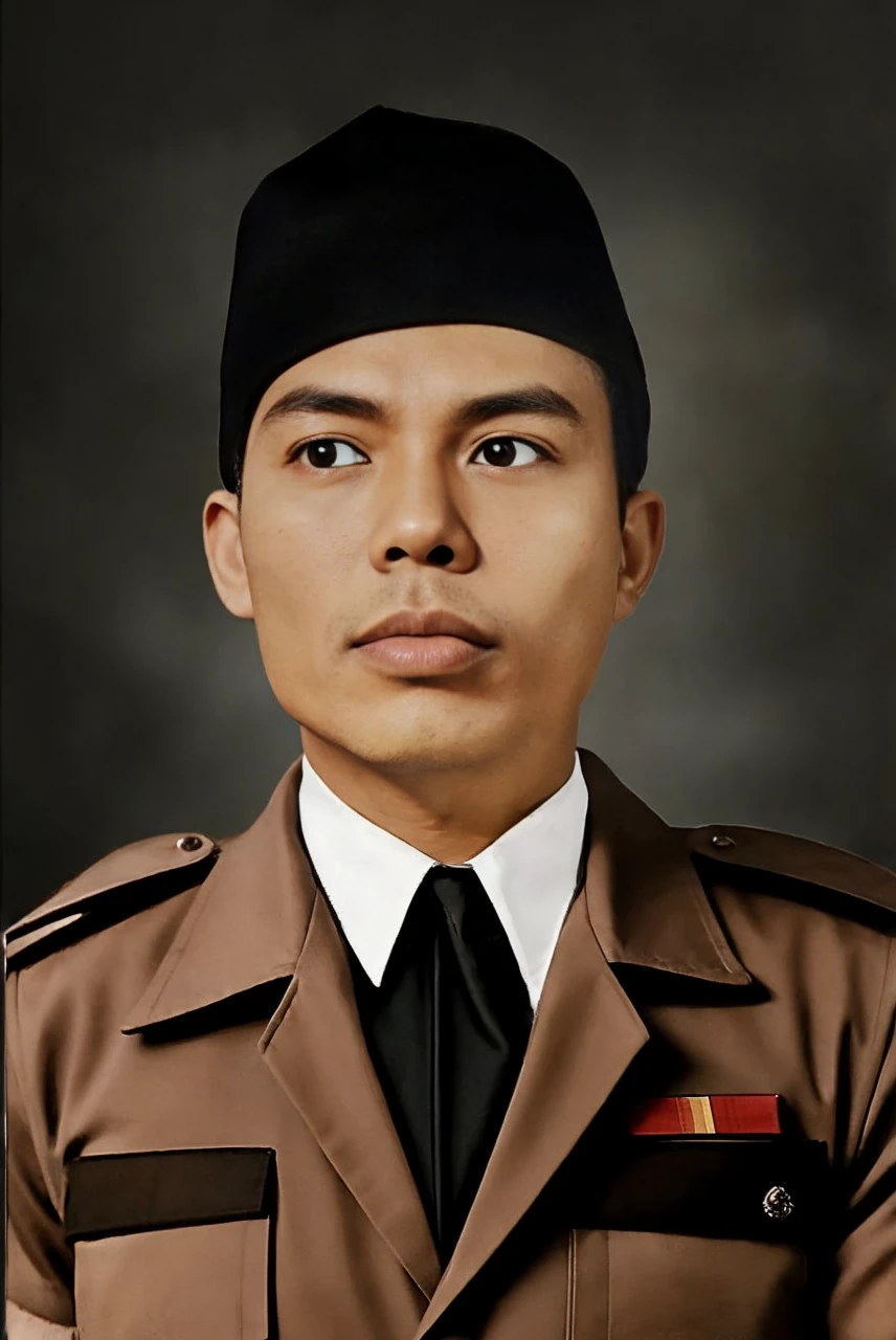 Indonesian male aged 35 years and over, wearing black Songko, dark green TNI AD PDH shirt, brown skin. HD realistic photos