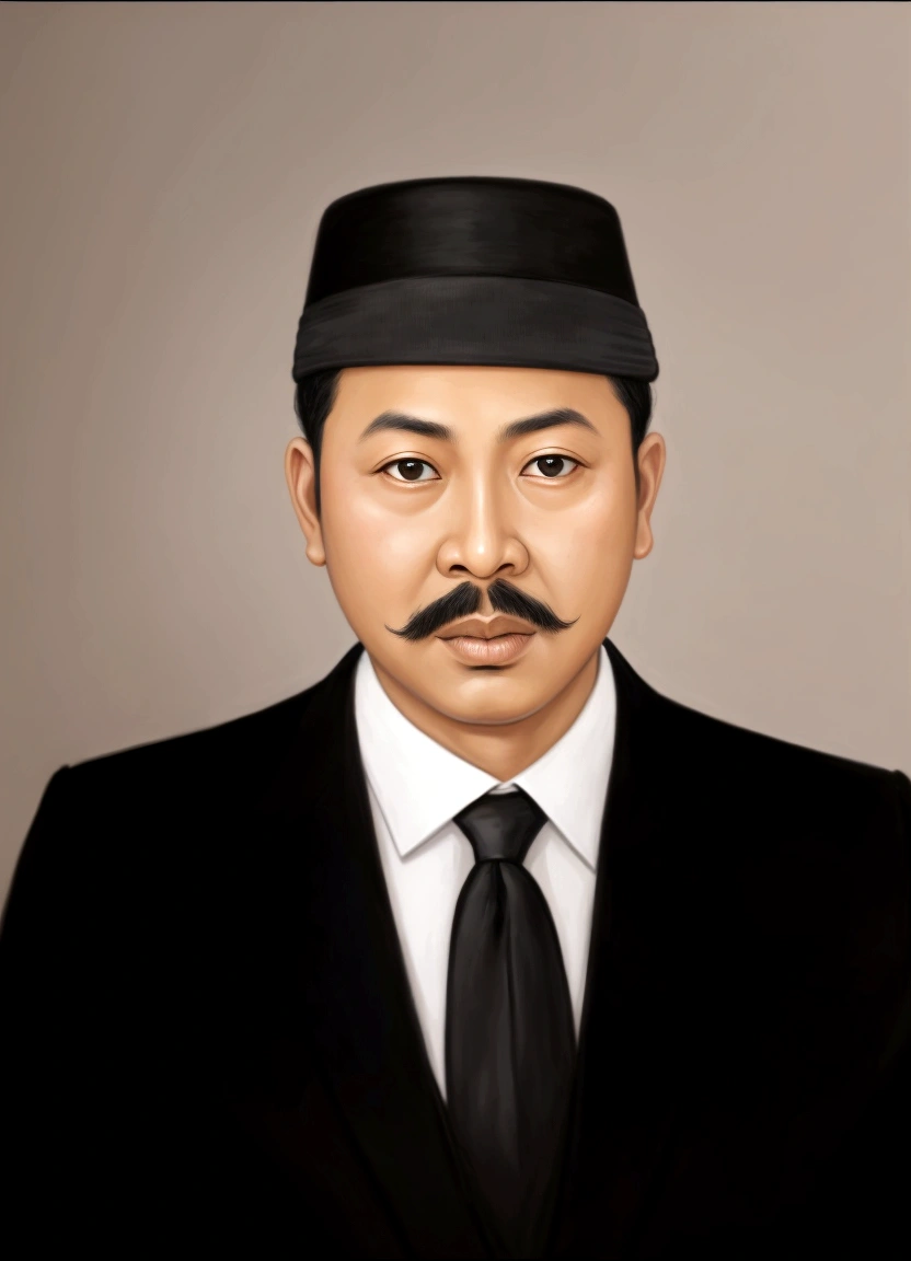 arafed man in a black suit and tie with a black hat, raden saleh, full protrait, mohamed chahin, inspired by I Ketut Soki, inspired by Basuki Abdullah, h. kyoht luterman, saadane afif, ramil sunga, academy headmaster, profile portrait, portrait symetrical, photo portrait