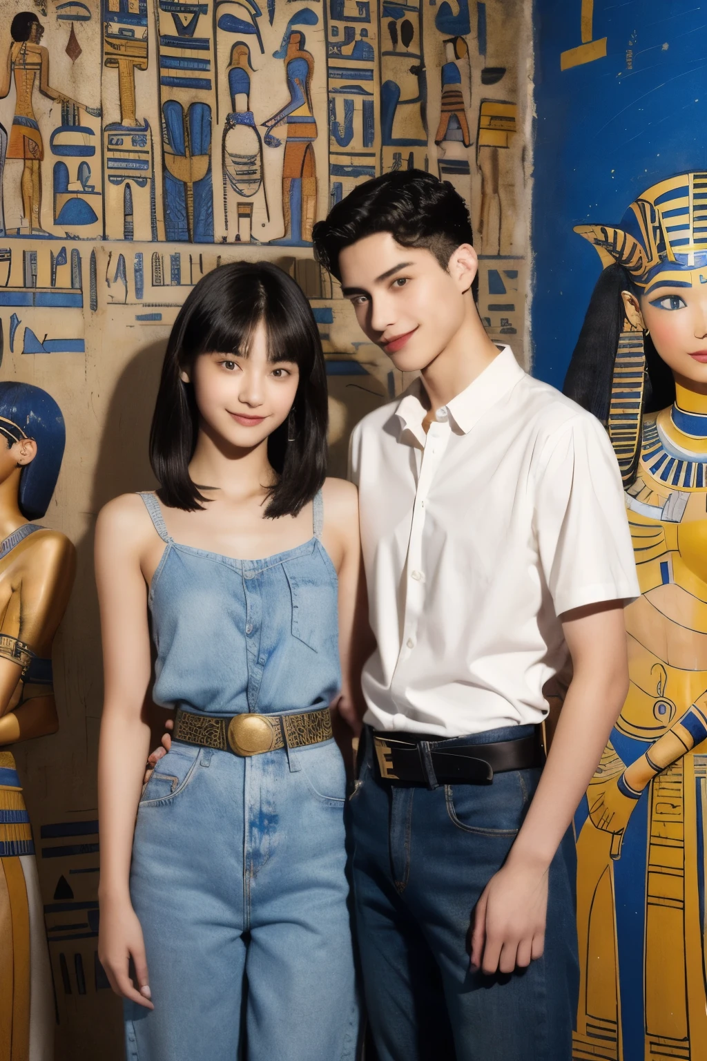246 (In the mural2people々々々々々々々々々々々), (An 18-year-old female and an 18-year-old male), short hair,kind, lipstick, Egyptian civilization, Waist belt, Hieroglyphics, smile