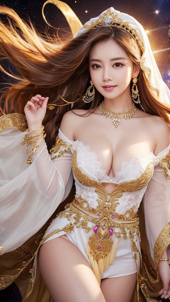 (masterpiece、Highest quality、High resolution、8K、16K)、((Alone space、Beautiful Goddess、 the sky like a star))、((whole body))、Golden Cape、White long dress、No sleeve、Adorned with vibrant jewels、Gold Bracelet、Blonde middle、Beautiful brown eyes、A kind smile、Mouth closed、Elegant and detailed face、Graceful operation、Place one hand under your chest、Professional Lighting、Seductive pose,The chest is slightly visible,Large breasts sagging due to gravity, Spread your legs,