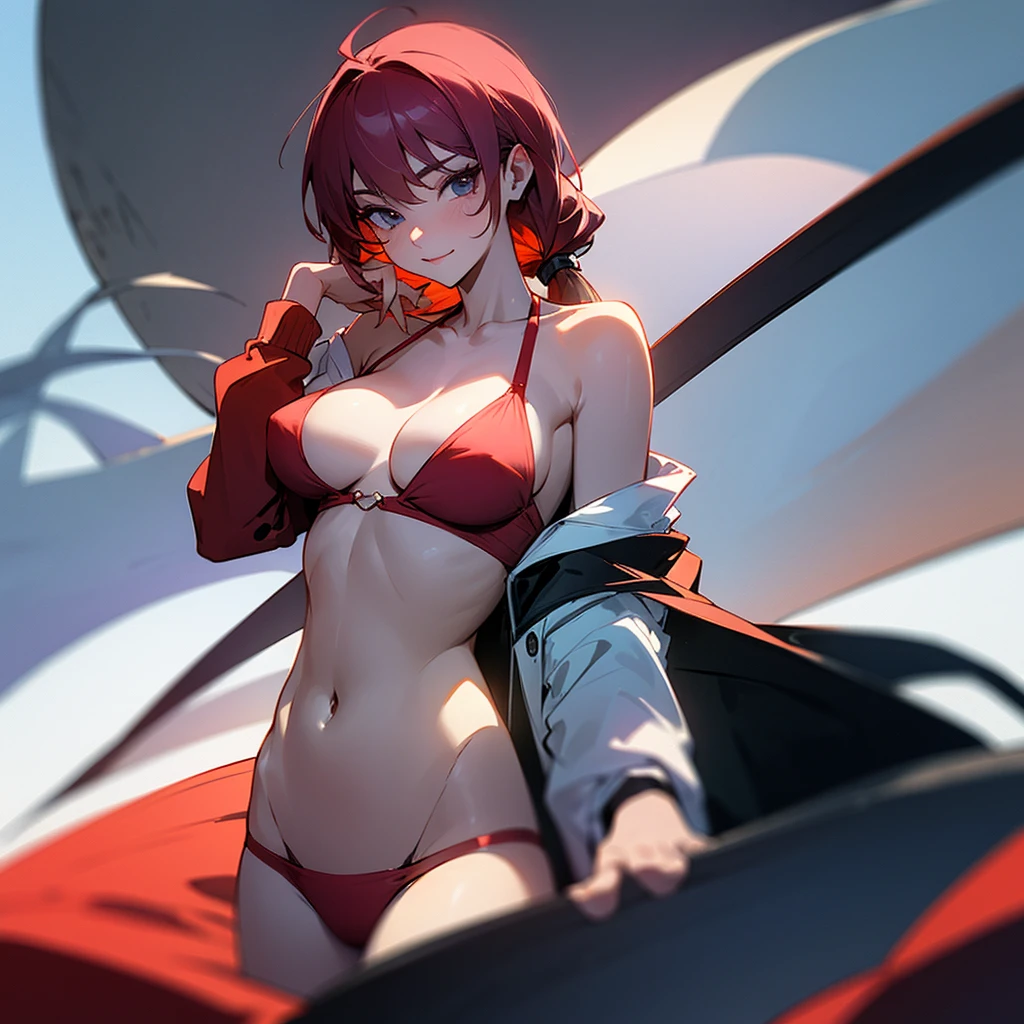 Seductively looking at camera, seductive pose, red 