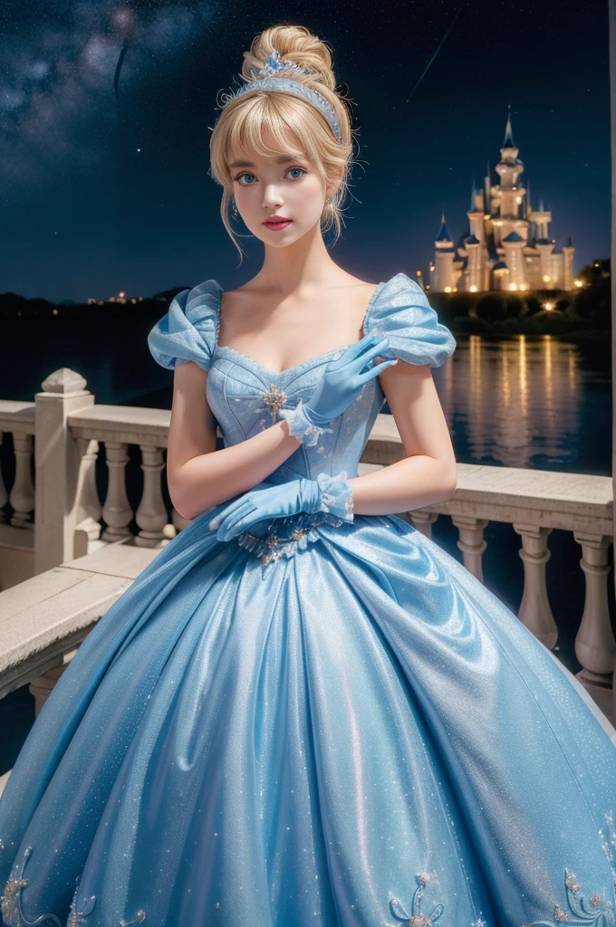 ((masterpiece:1.2), best quality, highres, ultra-detailed), solo, 1girl,
(CinderellaWaifu,princess cinderella from disney,beautiful skin,swept bangs,top knot:1.4),(18 years old,large breasts,sexy eyes,turquoise eyes,blonde hair:1.1),elegant face,(blue headband:1.3),
princess,
(1girl, solo:1.4), cowboy shot,(light blue rococo style gown:1.4), long gloves, looking at viewer, (outdoor,at night,castle,starry sky:1.2),cute pose