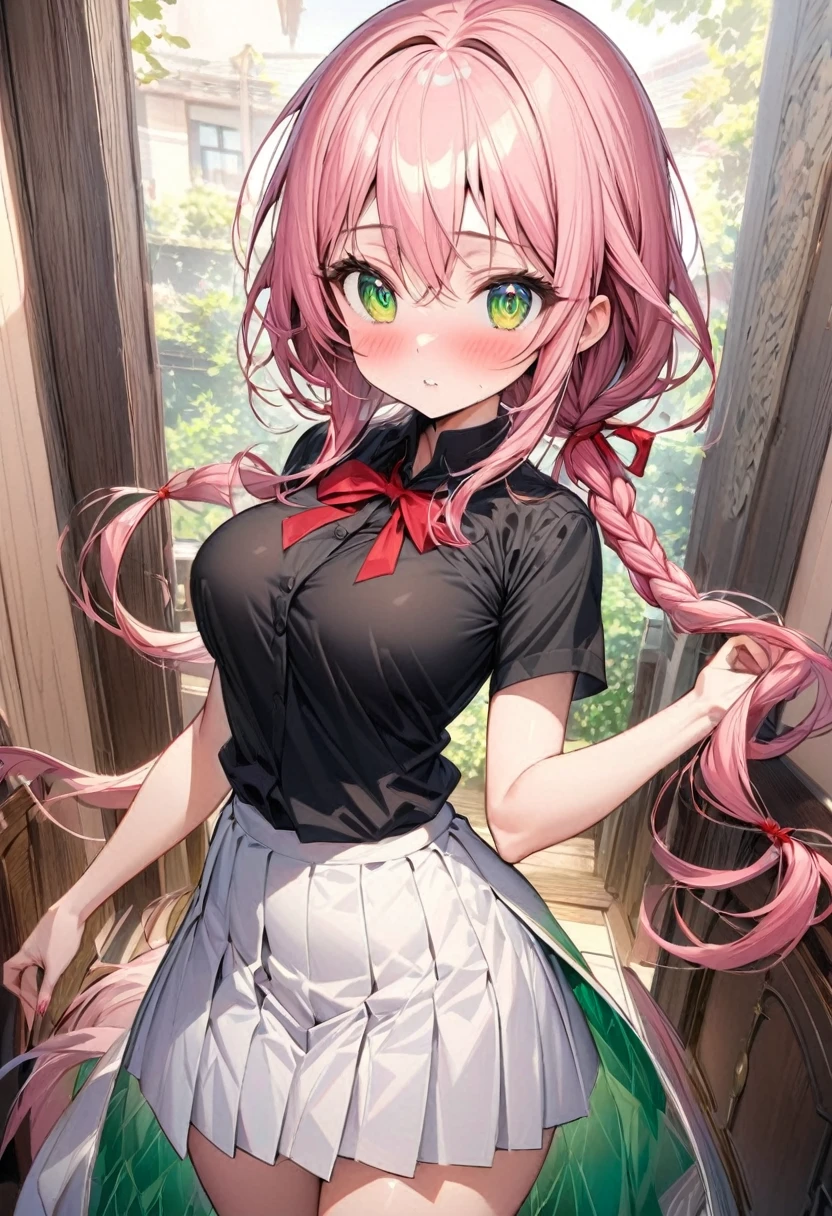 The image is of a beautiful woman wearing a tight fitting black button-up shirt with a short pleated black and white skirt. The school outfit is black with white accents. The woman has long flowing pink hair with strands of braided hair tied with red ribbon throughout. She has gorgeous green eyes that shine like emeralds. Her face is youthful and gorgeous. Her breasts are ample and seem too large for her tight fitting black uniform top. She is short in height but well developed -a short stack. She blushes as you look at her. She's standing in your bedroom and is excited to be with you. The image is ultra detailed with gorgeous colors, perfect line work, and detailed shading. Nipple indentations,