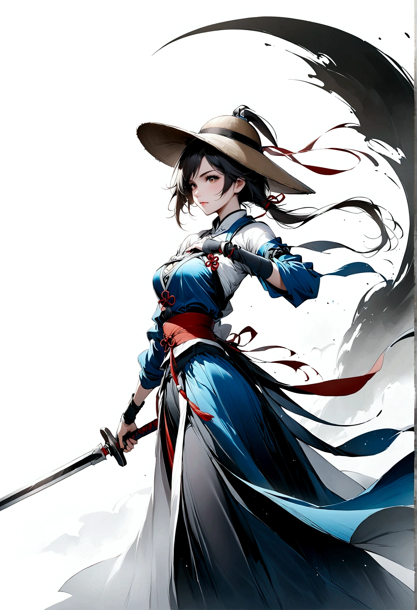 艺术Ink Painting，立体Ink Painting，Minimalism，Minimalism的图形，Minimal Art，Girl with a sword on her back,whole body，bamboo hat，Chinese，，Ink Painting，White robe，Blue long hair，Black and white background，Tai Chi style，Ancient Style White space，White space，Large White space，Textured Matte，Low saturation，Minimalism构图，Main Composition
