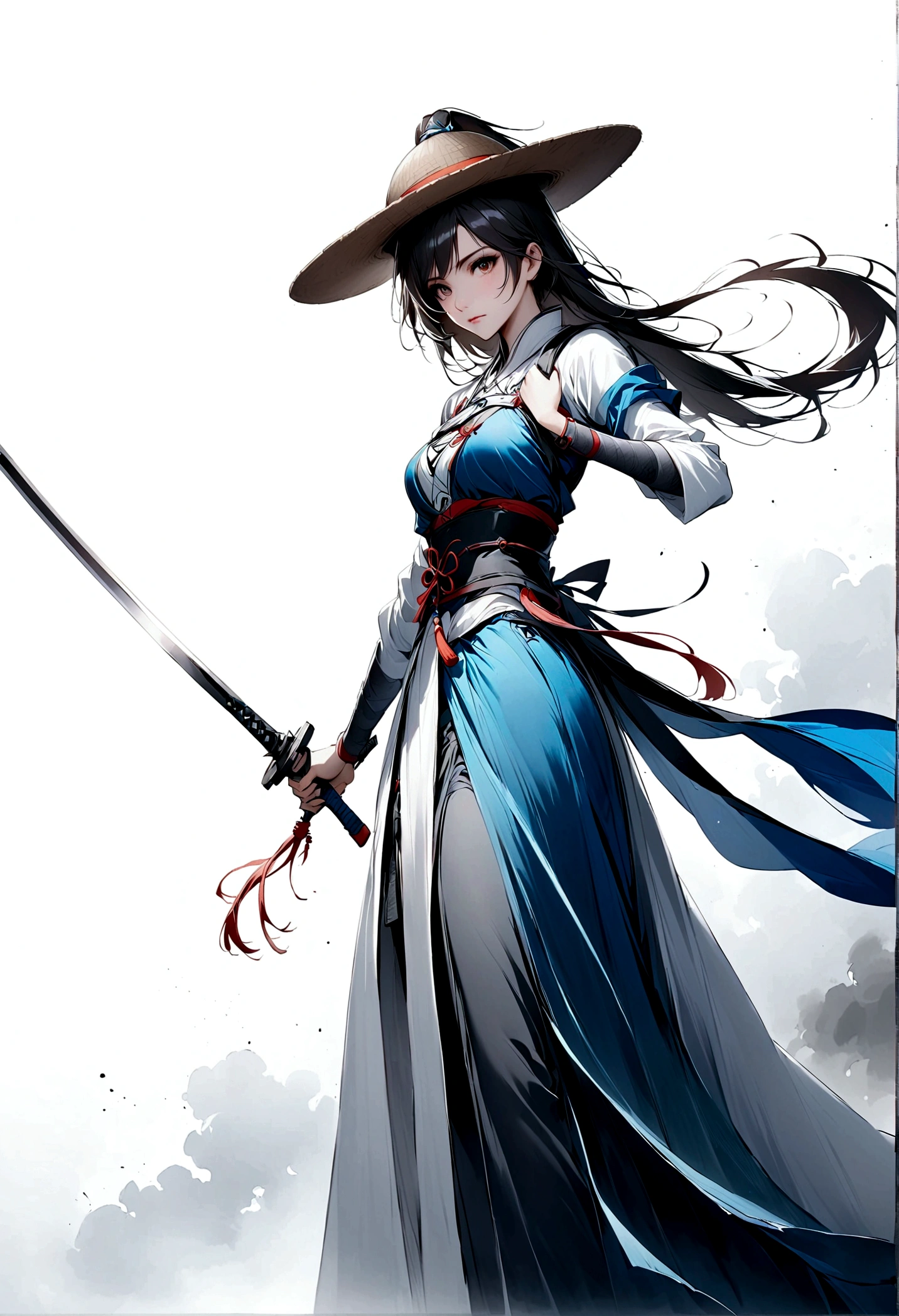 艺术Ink Painting,立体Ink Painting,Minimalism,Minimalism的图形,Minimal Art,Girl with a sword on her back,whole body,bamboo hat,Chinese,,Ink Painting,White robe,Blue long hair,Black and white background,Tai Chi style,Ancient Style White space,White space,Large White space,Textured Matte,Low saturation,Minimalism构图,Main Composition
