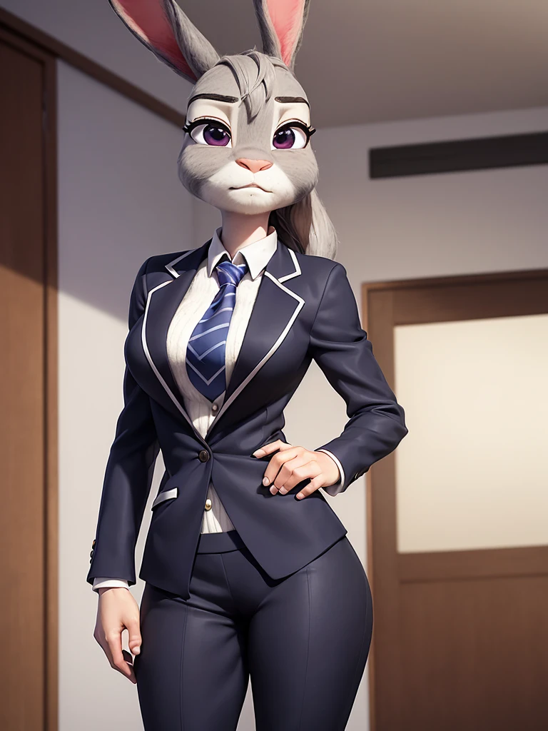 best quality, masterpiece, 3D anime, (((solo))), (((1girl))), ((Face is JudyHopps)), (long ears like a rabbit:0.8), Heir is black ponytail style, Body is human lady, Navy blue business suit, Tailored jacket, White blouse, Skirt, (the suit is made of wool:1.4), suit color is {gray, black, stripe}, ((skin is silver with fluffy and fluffy)), (portrait view), In the background there is a office space, Her expression shows subtle makeup, with a sense of nervousness and determination, ((Standing with a straight posture, Be mindful of correcting your posture))