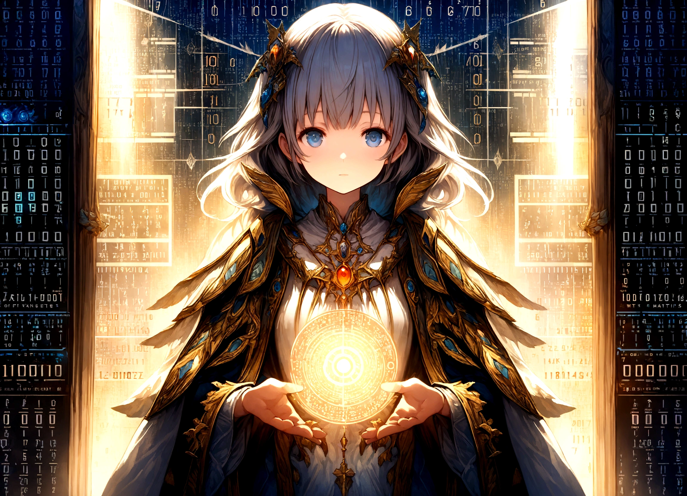 fantasy, (Holographic interface:1.1),(Extremely detailed CG unity 16k wallpaper),Natural Lighting, Soft lighting, Sunlight, Human Development Report (High Dynamic Range), Maximum clarity and sharpness, Multi-layered textures, binary code, The art of math,Only zero and one,
