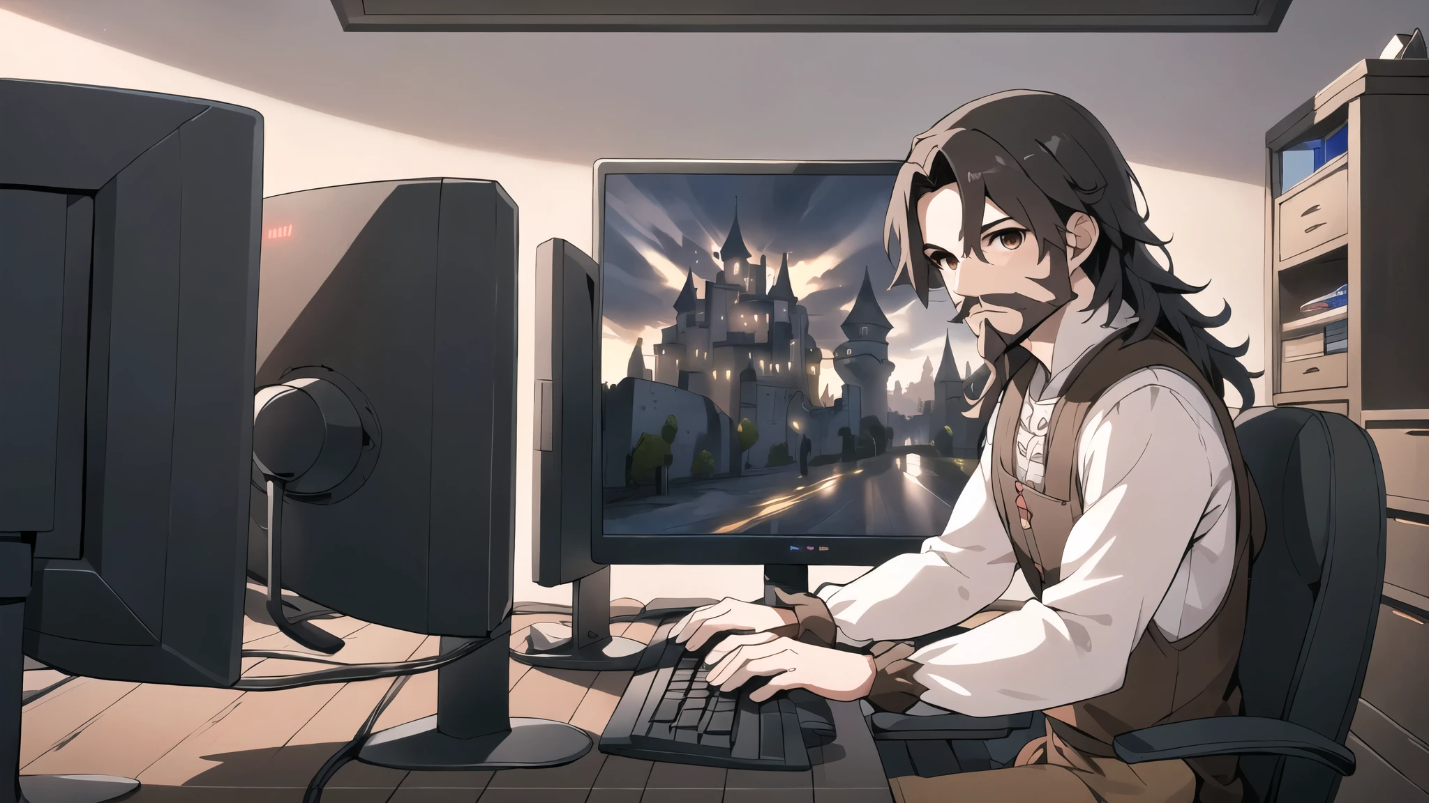 neocruz long black hair, Brown eyes, Spotlight, a mature male villager with a beard, utiliza una computer de juego dentro de una casa campesina.,peasants wearing renaissance clothing,Dur3r Style,(gaming computer monitor, keyboard (computer), cables, rgb games),horses,castle in the distance,