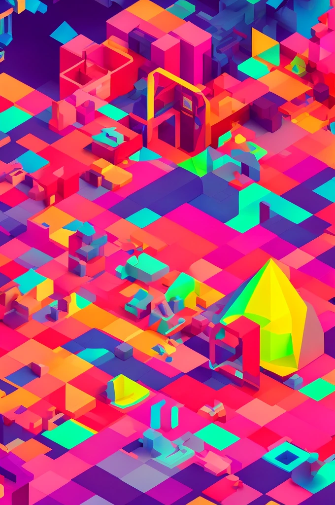 A man stands in front of a door with many colorful geometric objects floating in front of it, virtual metaverse room, interactive art, opening a portal to another dimension, voxel art, future-like room, voxels, low-light background, virtual installation, imagination, bioluminescent hypercube, modular game development art, colorful illustration, cube portal