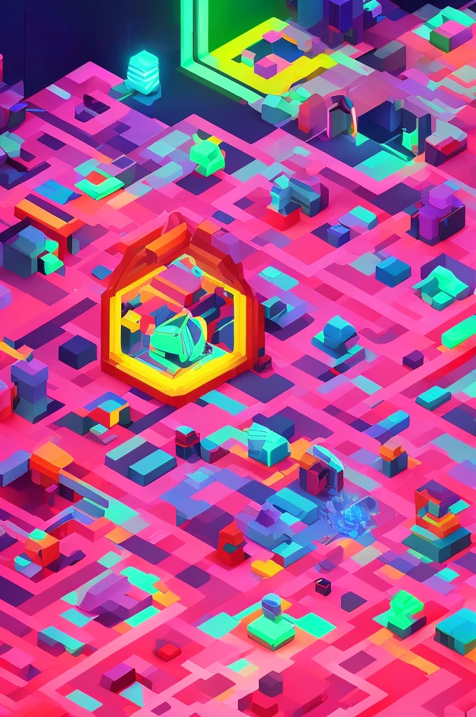 A man stands in front of a door with many colorful geometric objects floating in front of it, virtual metaverse room, interactive art, opening a portal to another dimension, voxel art, future-like room, voxels, low-light background, virtual installation, imagination, bioluminescent hypercube, modular game development art, colorful illustration, cube portal