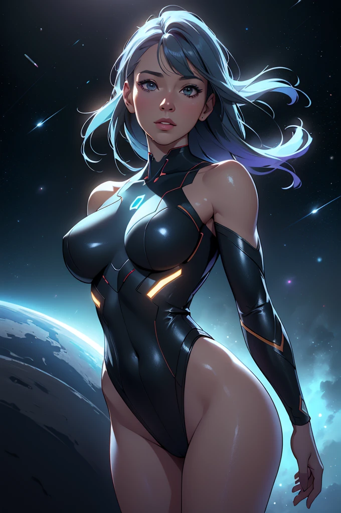 (ultra quality, 4k, 8k, high resolution, masterpiece: 1.2), ultra detailed, (realistic, photorealistic, photorealistic: 1.37) a beautiful young woman walking in outer space, semi- with lights all over her body, highly detailed, extremely detailed portrait, intricate details, hyper realistic, 8k, photorealistic, art by artgerm and greg rutkowski, dramatic lighting, glowing skin, volumetric lighting, cinematic, awe-inspiring, ethereal, mystical, cosmic, mesmerizing