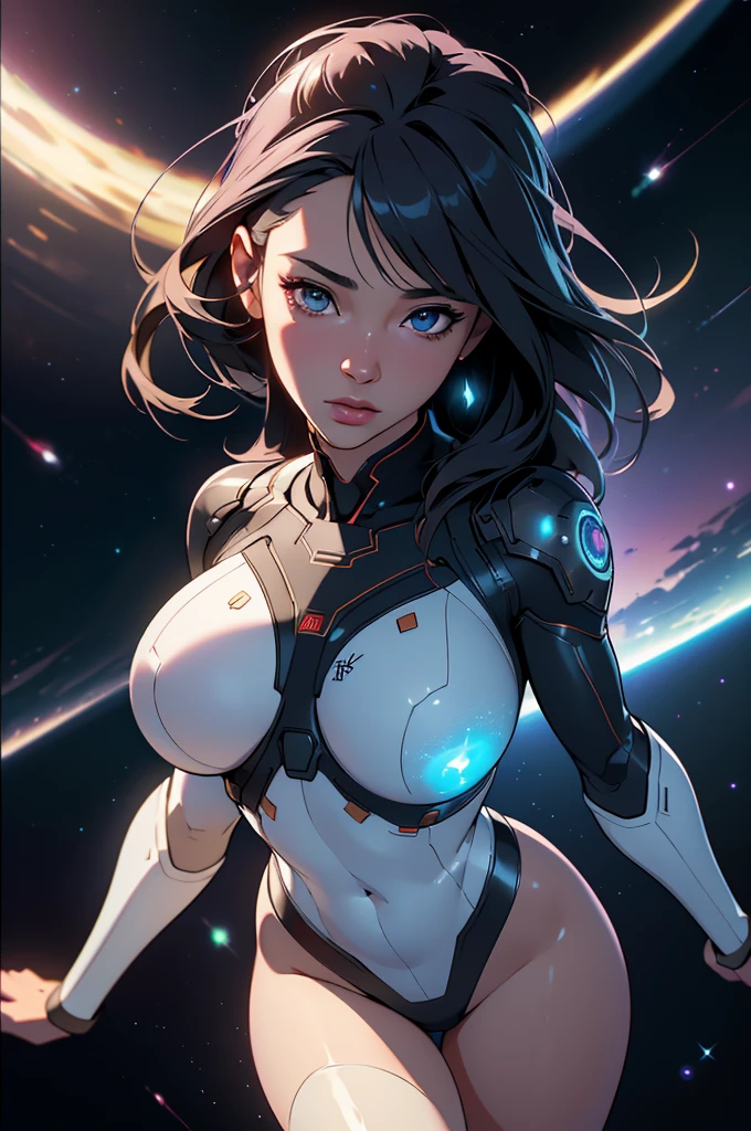 (ultra quality, 4k, 8k, high resolution, masterpiece: 1.2), ultra detailed, (realistic, photorealistic, photorealistic: 1.37) a beautiful young woman walking in outer space, semi-naked with lights all over her body, highly detailed, extremely detailed portrait, intricate details, hyper realistic, 8k, photorealistic, art by artgerm and greg rutkowski, dramatic lighting, glowing skin, volumetric lighting, cinematic, awe-inspiring, ethereal, mystical, cosmic, mesmerizing