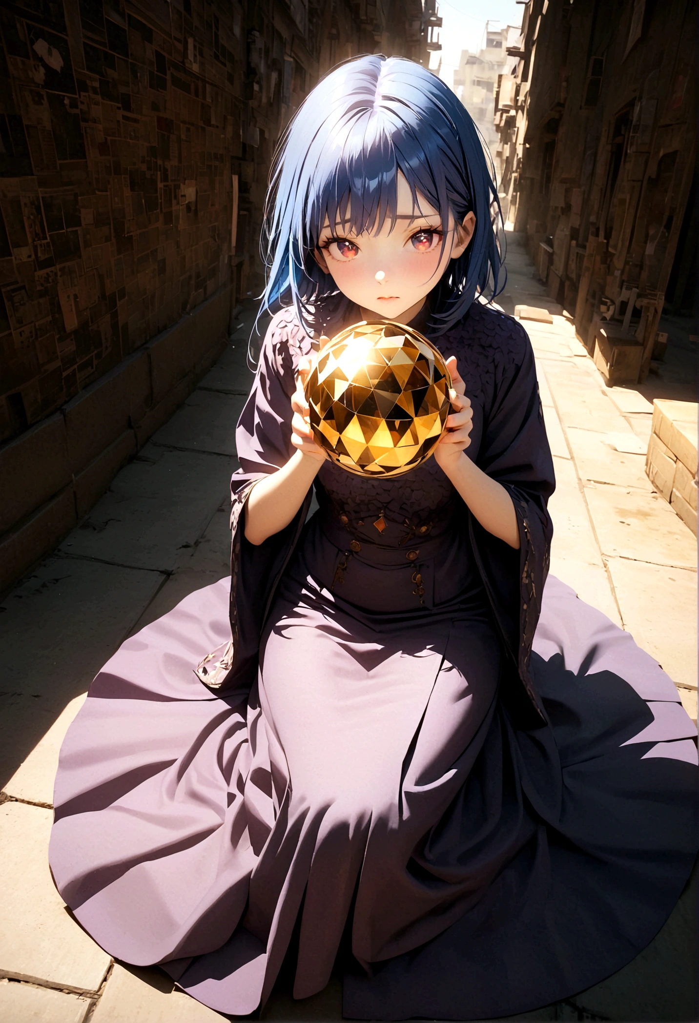 (woman\(Magical girl, Purple long skirt, Long flowing blue hair, Red pupils, Pale skin, Shy face,Shy-eyed), (Many golden magic balls are floating in the air),night,The sky is clear,With a little penetrating moonlight, rest ,quality\(8K,Extremely detailed CG unit wallpaper, masterpiece,high resolution,top-quality,top-quality real texture skin,Surrealism,提high resolution,original photo,Best quality,Very detailed,light,Ray Tracing,Golden Ratio\),(Long Shot),Wide-angle lens,