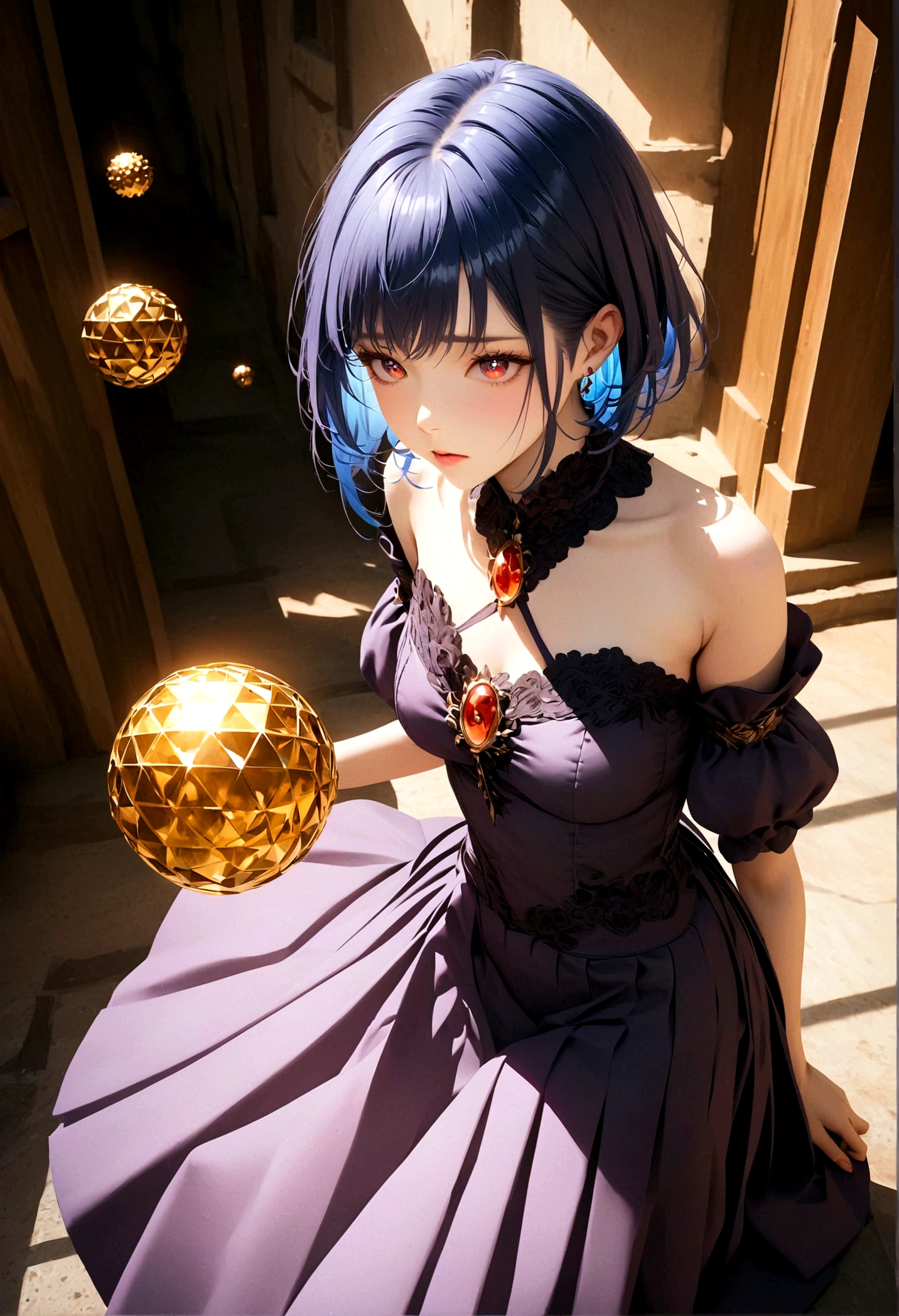 (woman\(Magical girl, Purple long skirt, Long flowing blue hair, Red pupils, Pale skin, Shy face,Shy-eyed), (Many golden magic balls are floating in the air),night,The sky is clear,With a little penetrating moonlight, rest ,quality\(8K,Extremely detailed CG unit wallpaper, masterpiece,high resolution,top-quality,top-quality real texture skin,Surrealism,提high resolution,original photo,Best quality,Very detailed,light,Ray Tracing,Golden Ratio\),(Long Shot),Wide-angle lens,