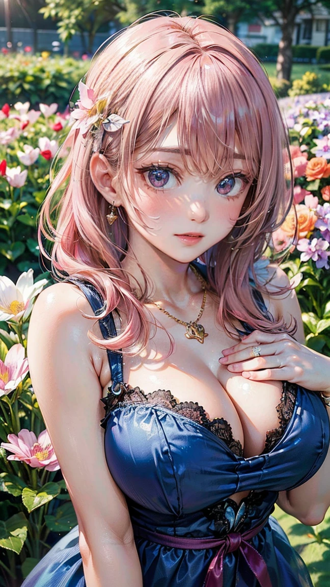 (Masterpiece, BestQuality:1.3), (ultra detailed:1.2), (hyperrealistic:1.3), (RAW photo:1.2), High detail RAW color photo, professional photograph, (Photorealistic:1.4), (realistic:1.4), professional lighting, perfect anatomy, (Big Breasts:1.2), (blush, detailed face), (cheerful Smile:1.5), Trending Hair&Trending Hairカラーをランダムに, earrings, necklace, bracelet, sexly, erotic sexly, Random sexy gravure poses, (A beautiful pink-haired woman in a blue summer dress、She is smiling and posing sexy while playing with flowers in a spring flower garden.。:1.3)