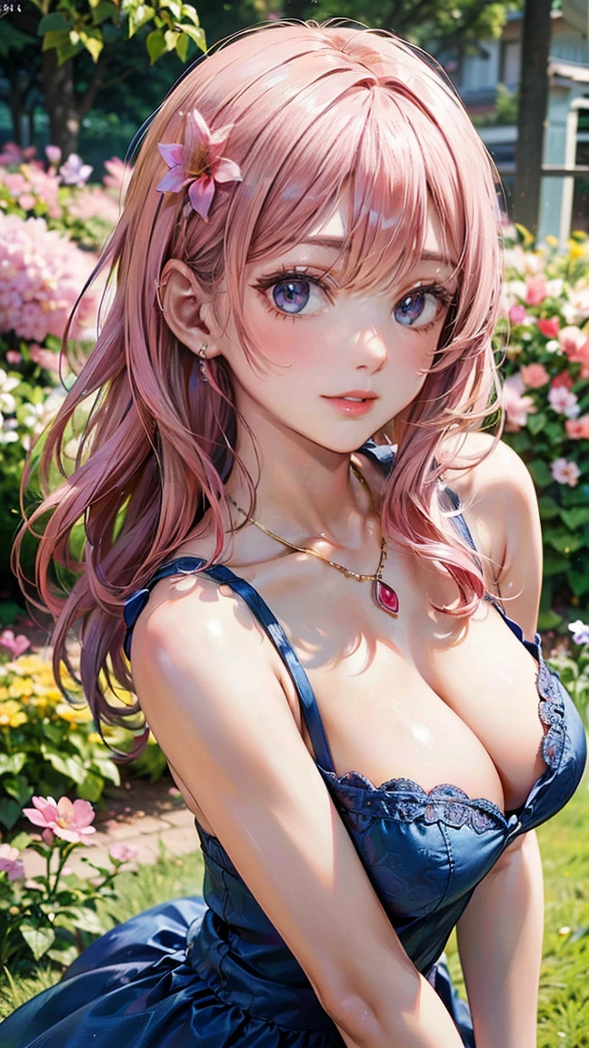 (Masterpiece, BestQuality:1.3), (ultra detailed:1.2), (hyperrealistic:1.3), (RAW photo:1.2), High detail RAW color photo, professional photograph, (Photorealistic:1.4), (realistic:1.4), professional lighting, perfect , (:1.2), (blush, detailed face), (cheerful Smile:1.5), Trending Hair&Trending Hairカラーをランダムに, earrings, necklace, bracelet, sexly,  sexly, Random  gravure poses, (A beautiful pink-haired woman in a blue summer dress、She is smiling and posing  while playing with flowers in a spring flower garden.。:1.3)