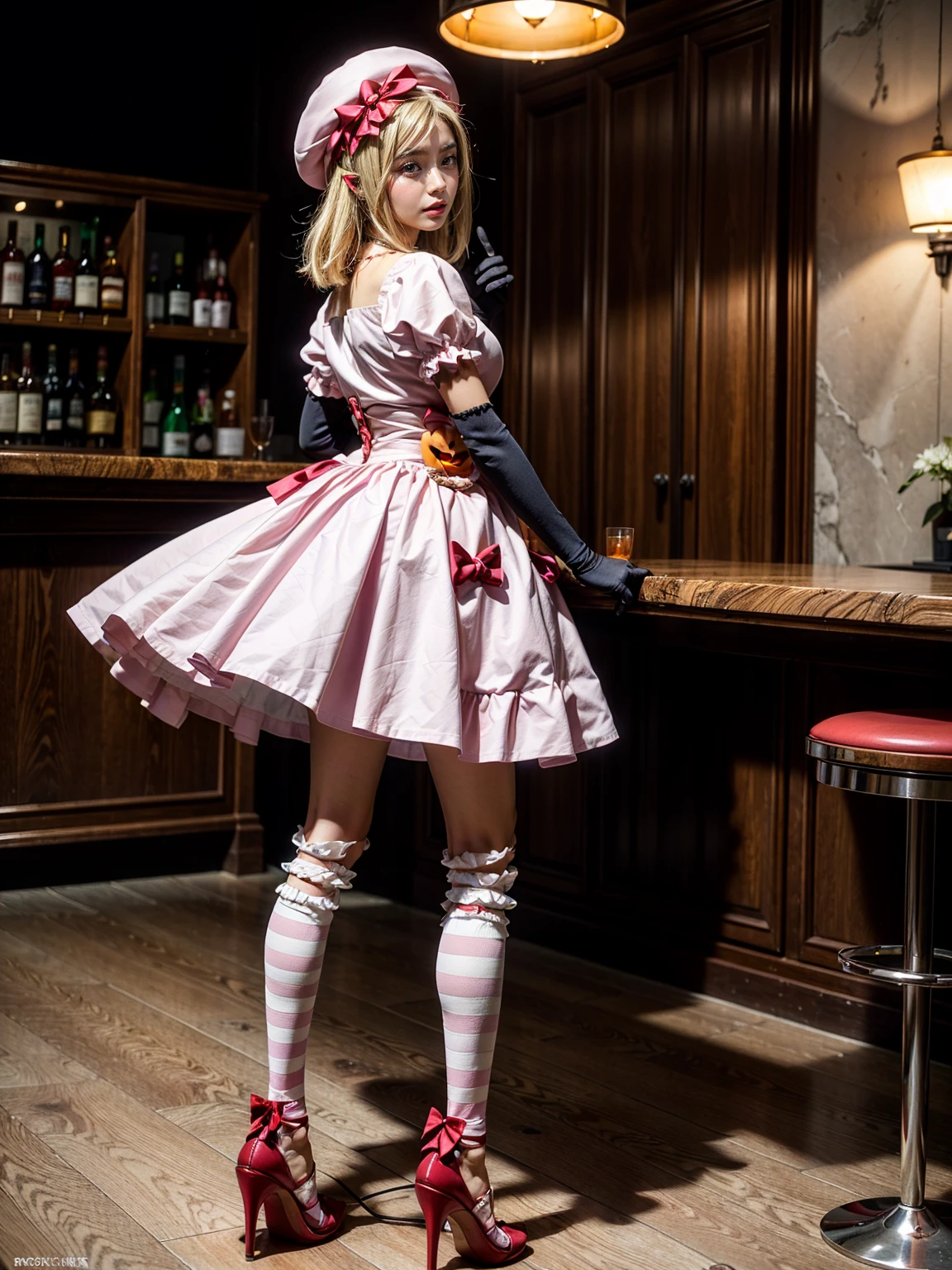 (1 lady), The beautiful, (Best quality at best:1.4), (ultra - detailed), (extremely detailed CG unified 16k), gold blonde hair, very detailed, High-definition RAW color photo, professional photoshooting, amazing face and eyes, cosmetics, (amazingly beautiful girl), ((lambdadelta)), ((dress, shoes bow, red shoes, striped stockings, red bow, pink hat, necklace, gloves, pearl, pumpkin brooch, pink dress)), standing, sexyposture，(Dark and stylish bar, drinks, lamp lights, lamp lights:1.3), (look from down), realistic cinematic face, head to feet long wide zoomed out view, full body long view, photorealistic, ((realistic natural blonde hair style, honey eyes)), gorgeous, extremely beautiful face, perfect model beauty, pout mouth, flirting smile, cleavages, city girl, western, shopping in the city, (masterpiece), best quality, high resolution, extremely detailed, blurred background, depth of field, cinematic lighting, amazing legs, high heels, clear and well-cared skin, from behind, nice ass, 