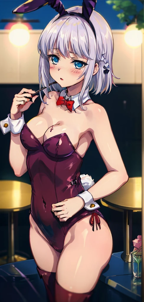 1 girl, kanon kanase, blush, medium breasts, sleeveless,(((( playboy bunny outfit)))), sitting, 20-year-old, healthy skin.